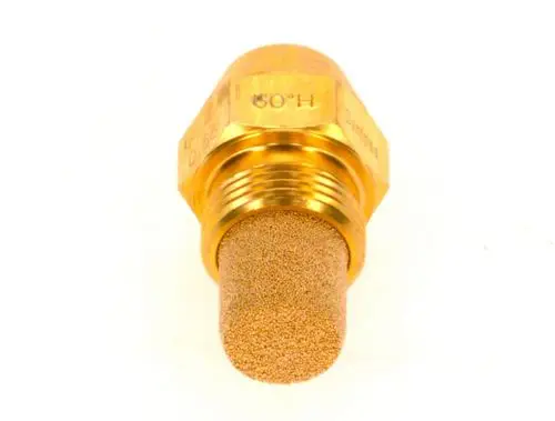 Bosch Öldüse mit einer gewindeartigen Struktur und einem porösen Filterelement an der Spitze in goldener Farbe, geeignet für Heizsysteme.
